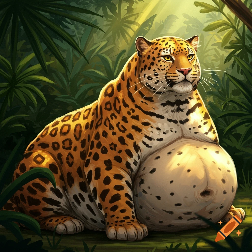 A very fat leopard sits in a lush jungle.