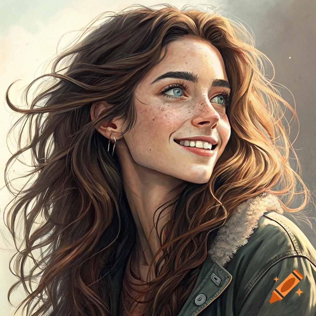 Close-up illustration of a smiling young woman with freckles and brown hair blowing in the wind.
