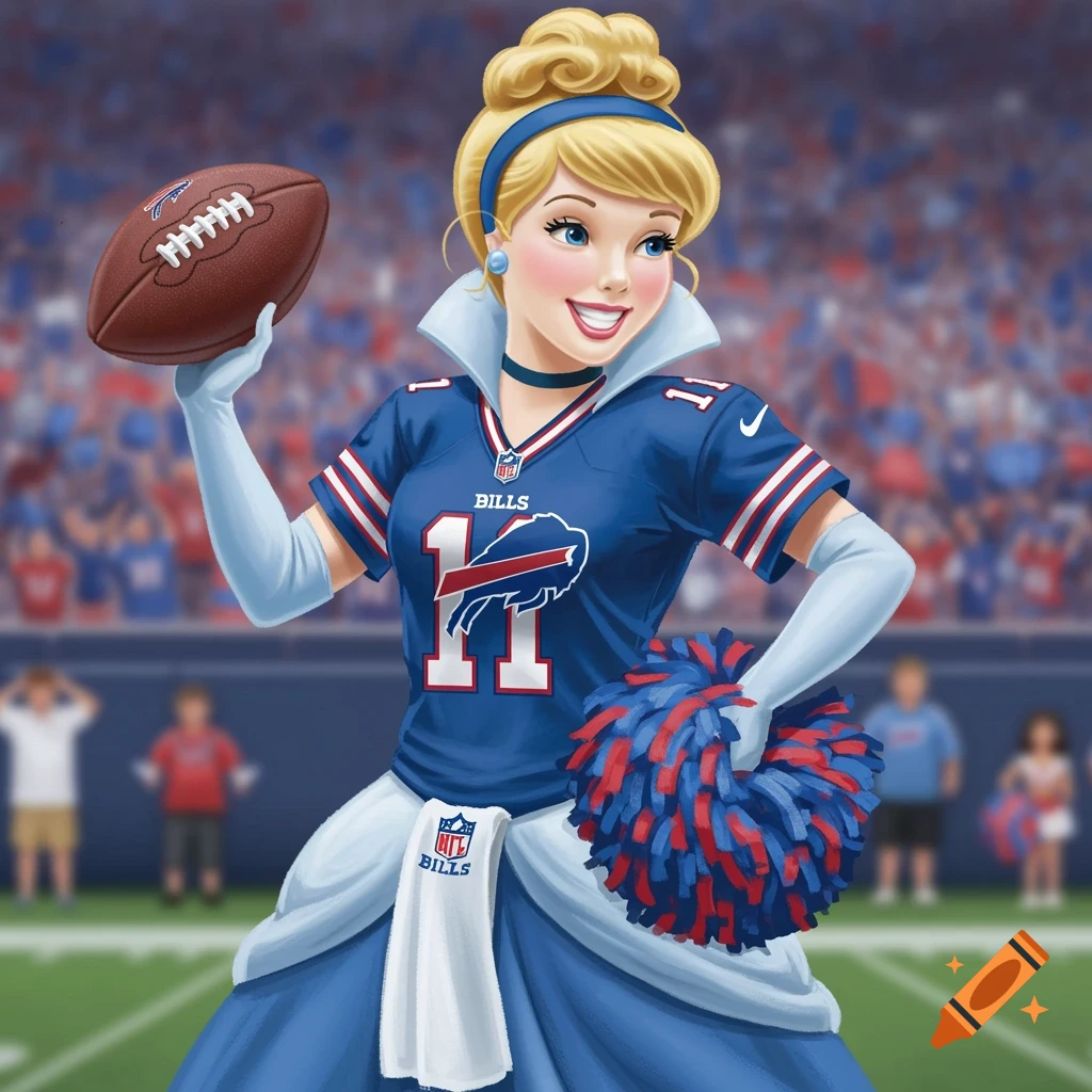 Illustration of Cinderella wearing a Buffalo Bills football jersey and holding a football and pom-pom.