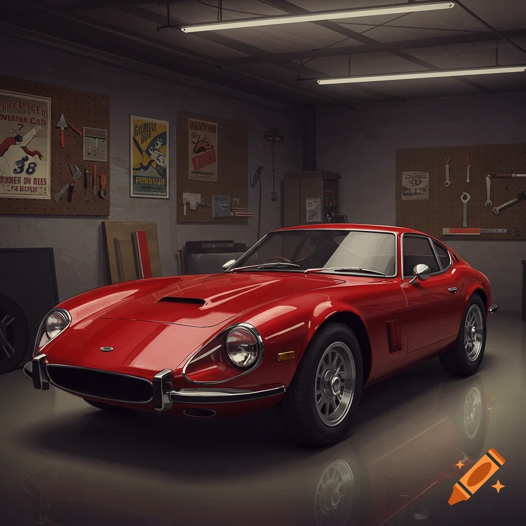 A shiny red classic sports car parked in a garage with tools and posters on the wall.