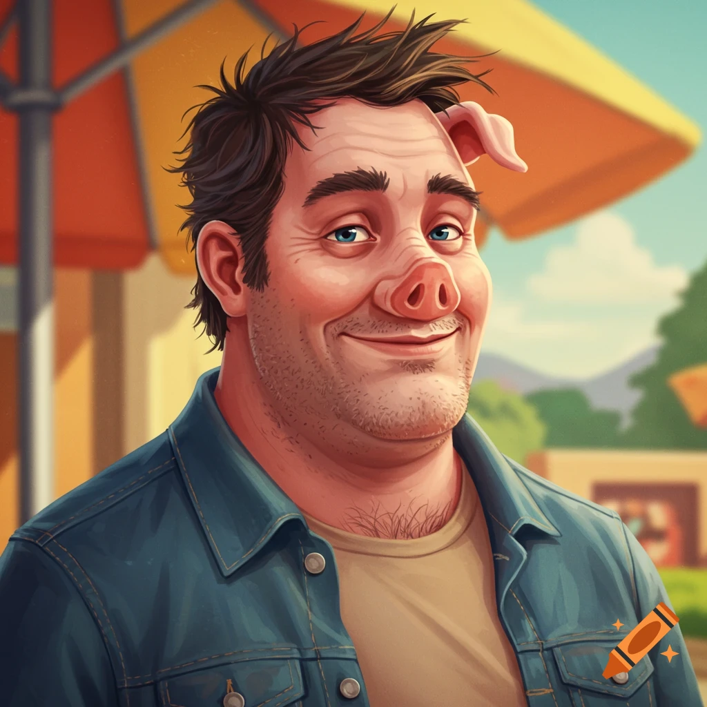 Cartoon portrait of a man with a pig snout and ear smiling