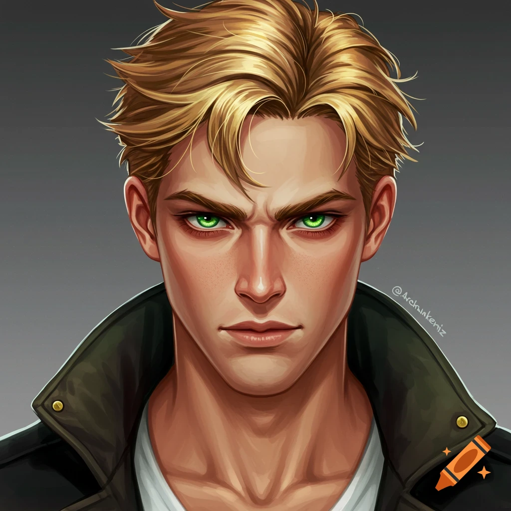 A close-up portrait of a young man with blond hair and intense green eyes wearing a jacket. Illustrated style.
