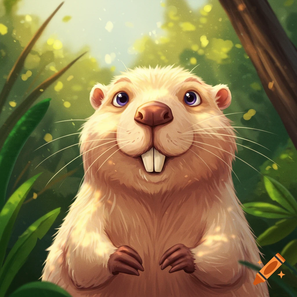 Cartoon beaver smiling in a forest.