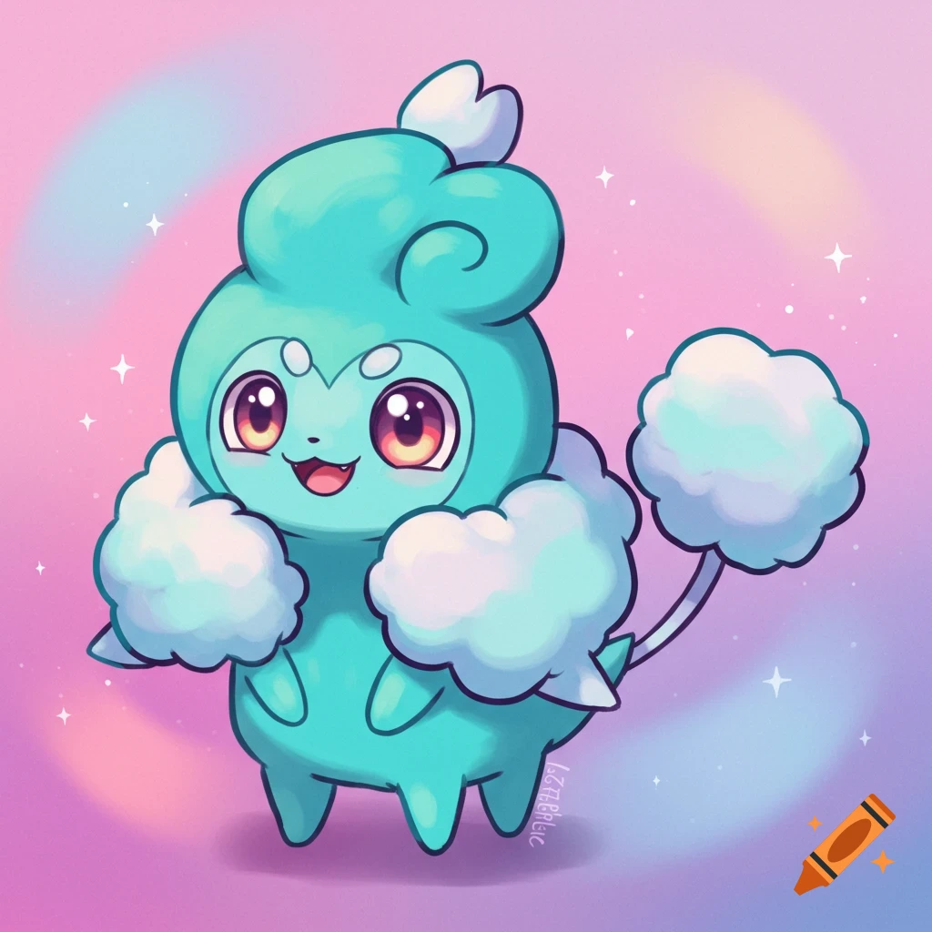 A cute blue creature with cloud hands and tail against a pink and purple sparkling background.