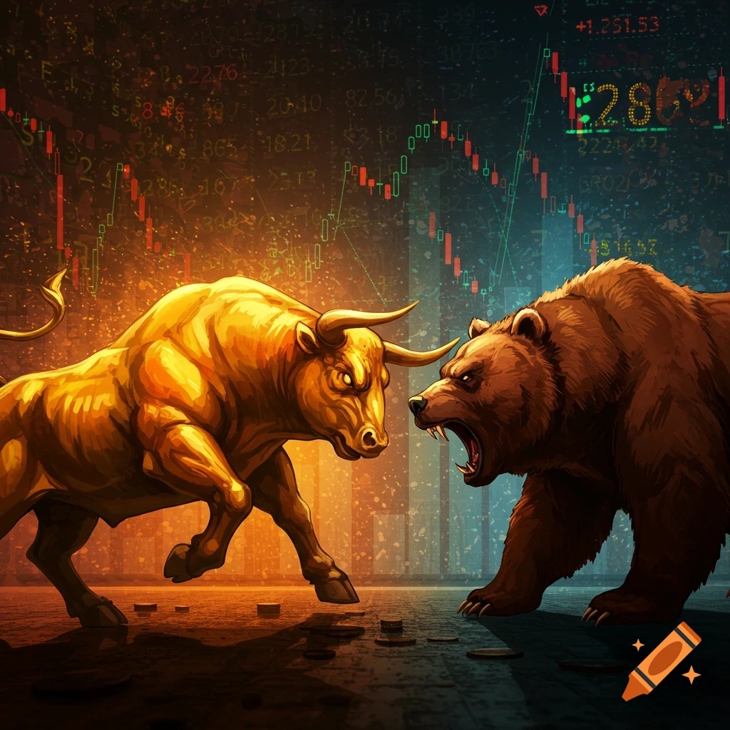 A stylized image of a golden bull and a brown bear facing off against a backdrop of red and green stock market charts.