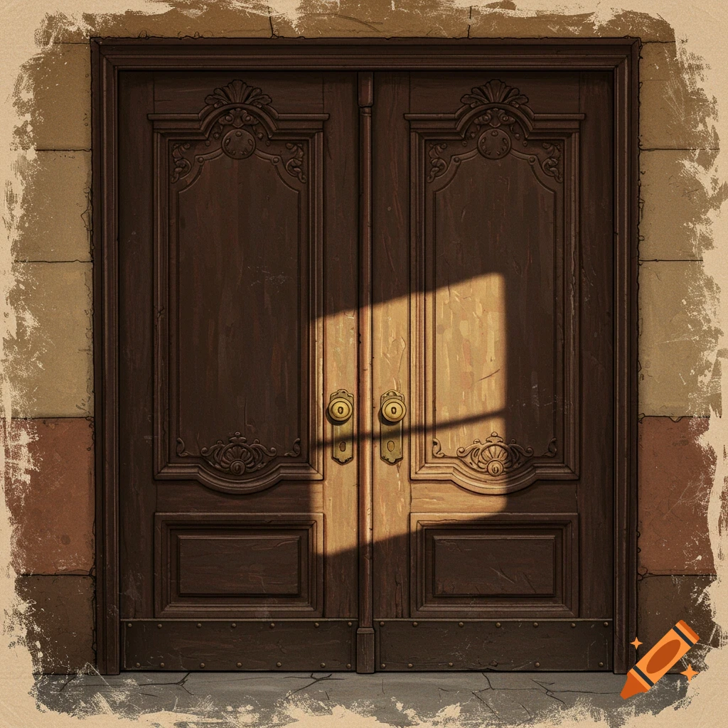 A vintage wooden double door with ornate carvings and sunlight