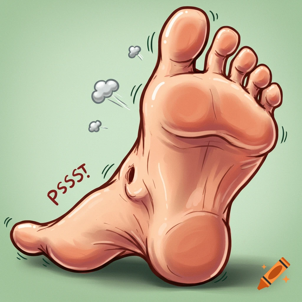 Cartoon illustration of a foot letting out steam and saying PSST!