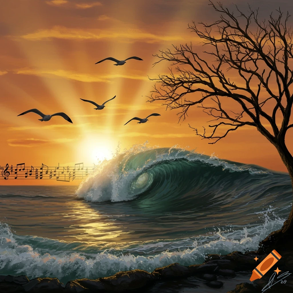 A sunset over the ocean with a large wave, seagulls flying, a bare tree, and musical notes hovering over the water.
