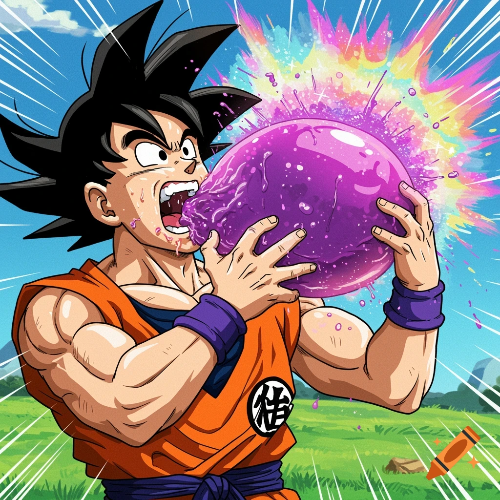Goku eating a large purple blob in an anime style