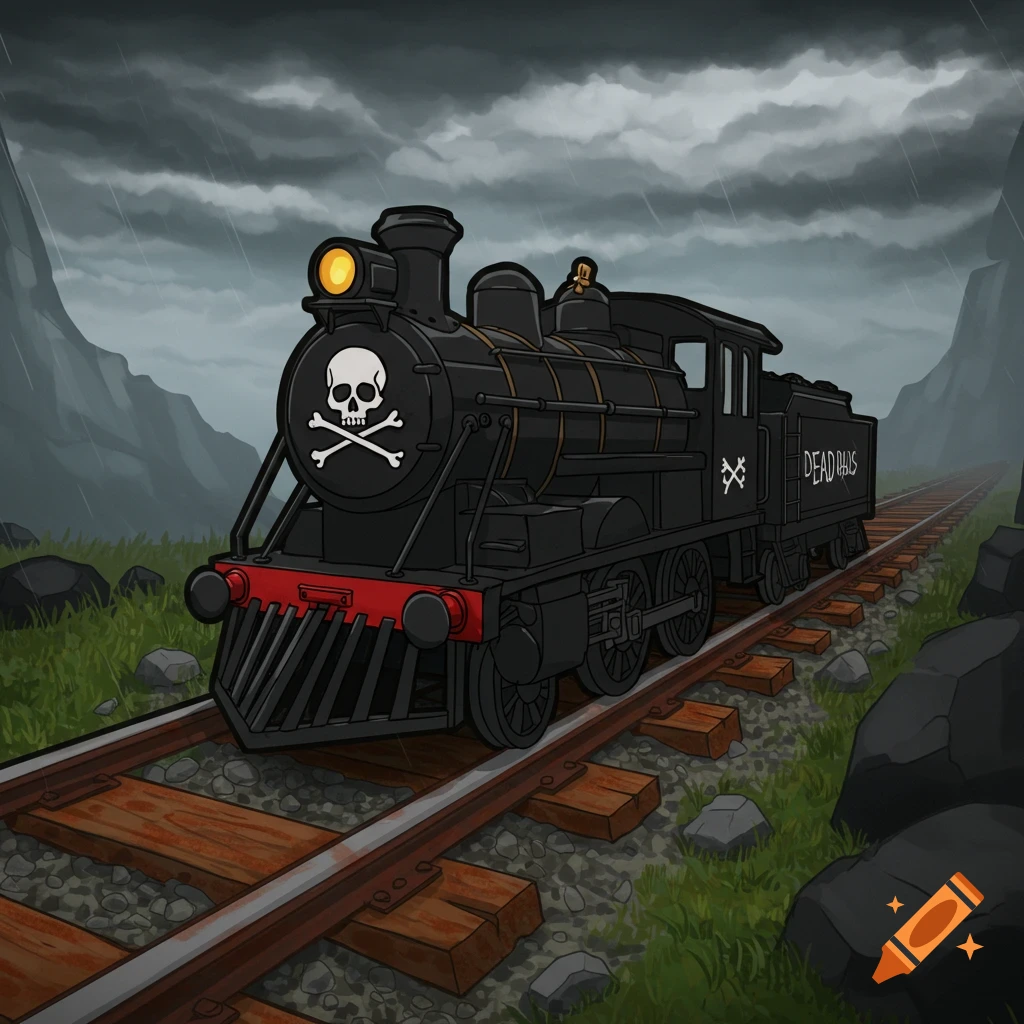 Cartoon black train with skull and crossbones labeled DEAD RAILS on tracks in a stormy mountain landscape.