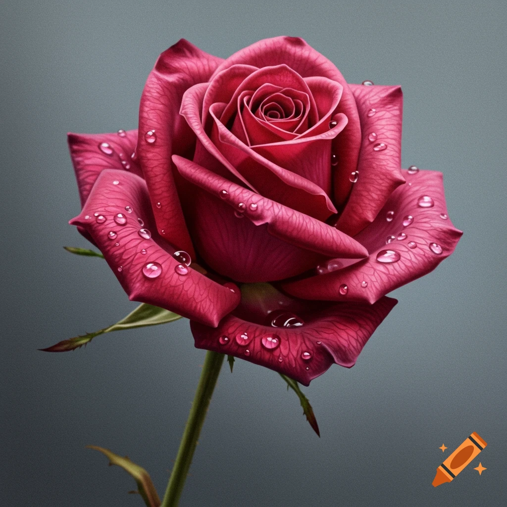 Photorealistic close-up of a red rose with water droplets on its petals against a gray background.
