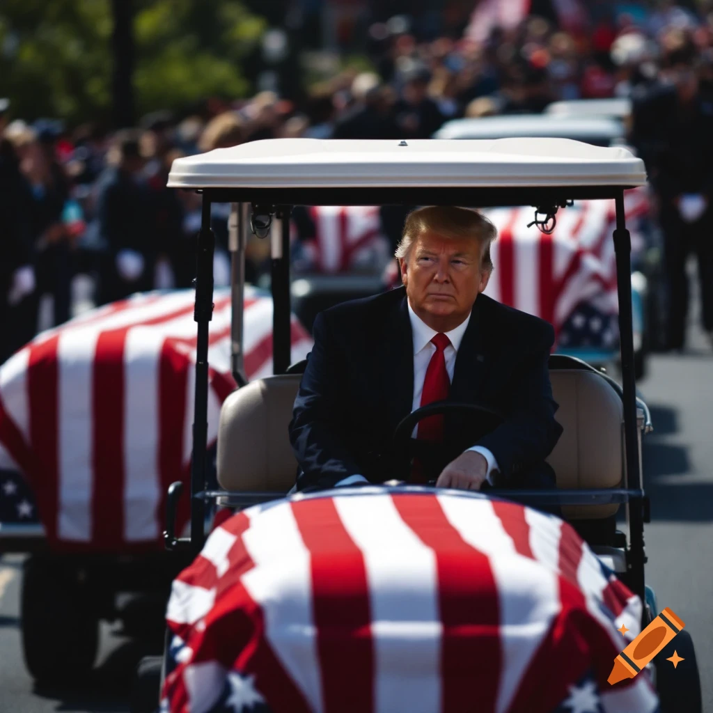 Donald Trump sits in a golf cart behind flag-draped caskets during a procession.