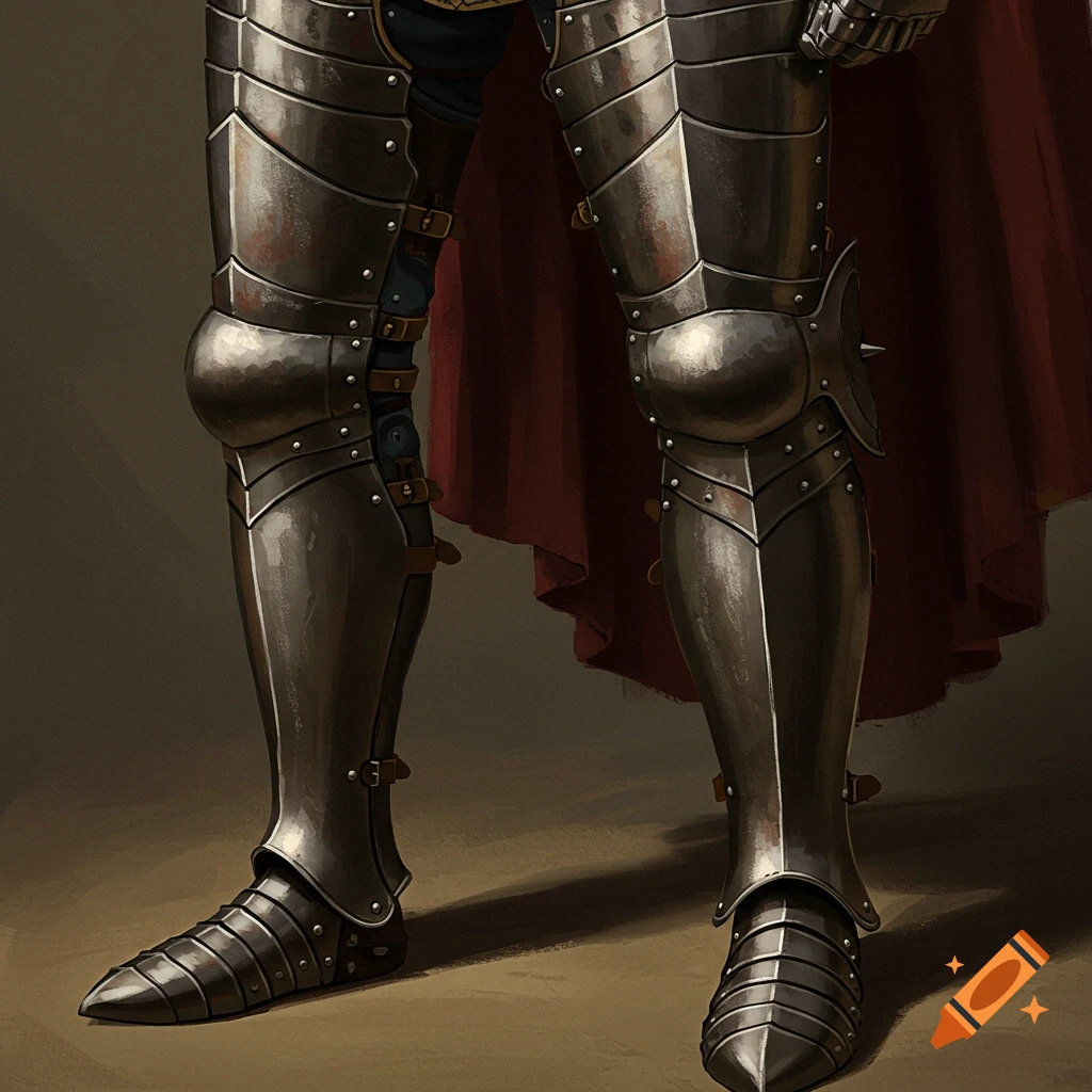 Detailed illustration of a person wearing dark, layered plate armor on their legs and feet, with a red cape.