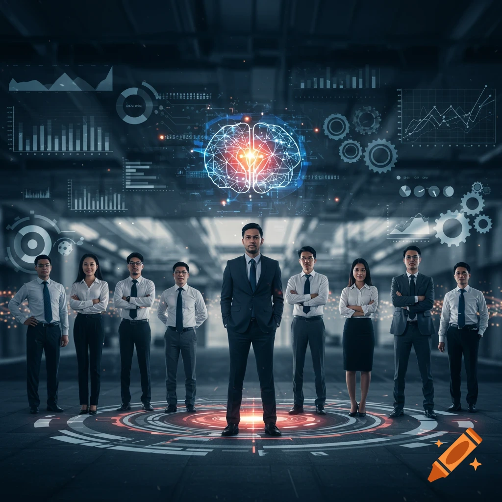 A diverse business team stands in a futuristic tech environment with data graphs and a brain icon.