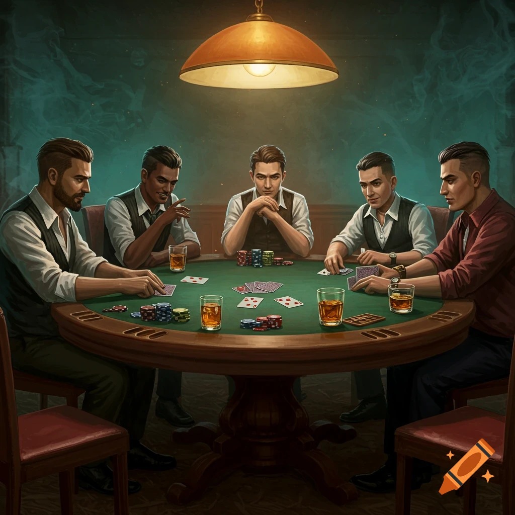 Illustration of several men playing poker at a table with cards, chips, and drinks.