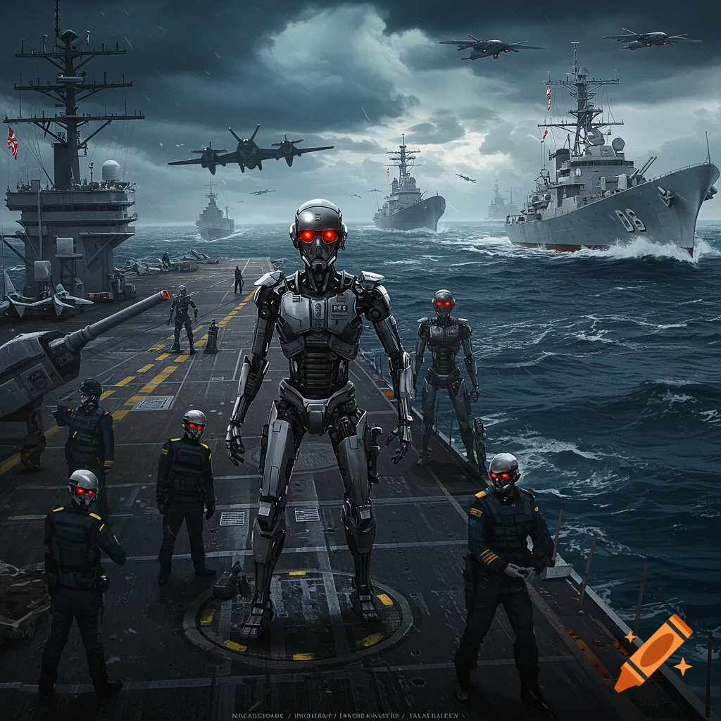 Giant robots stand on an aircraft carrier in a stormy sea with navy ships and aircraft.