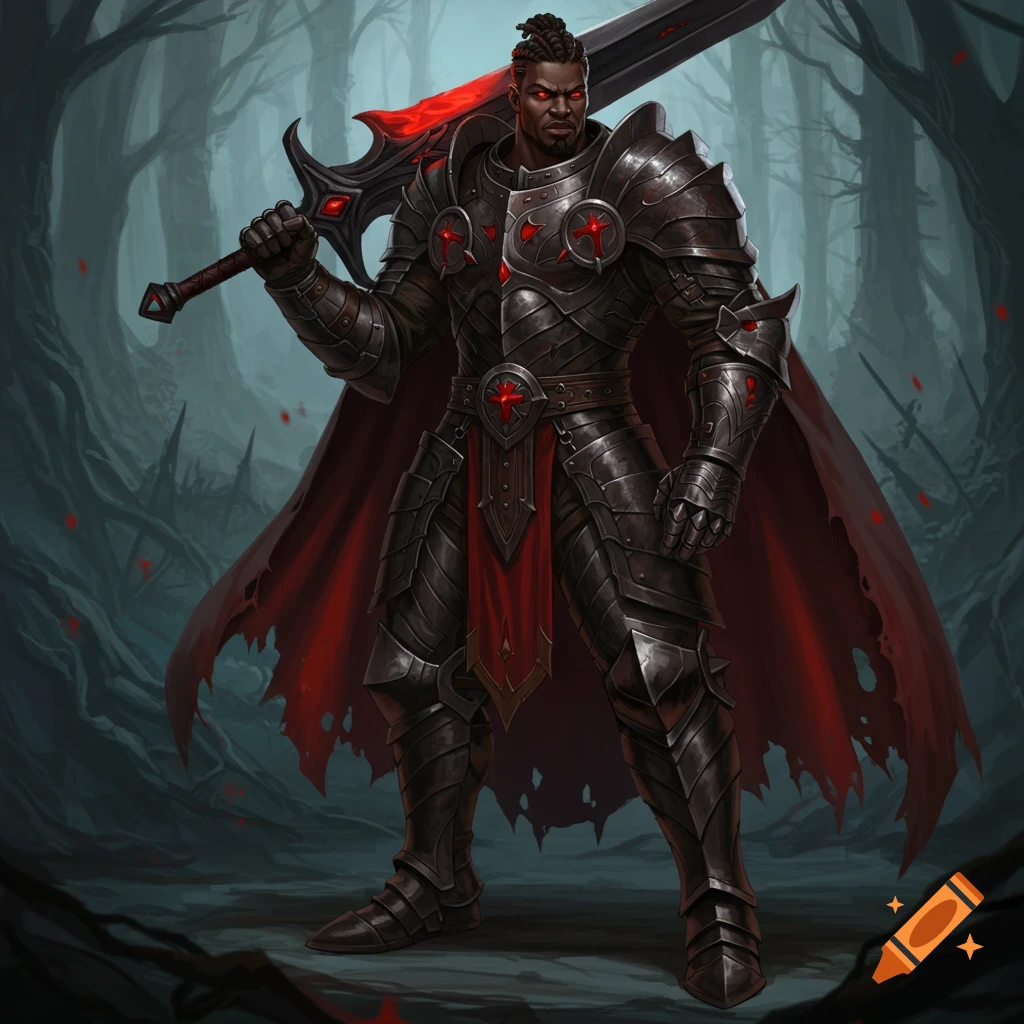 A black armored knight holding a red and black sword stands in a dark forest.