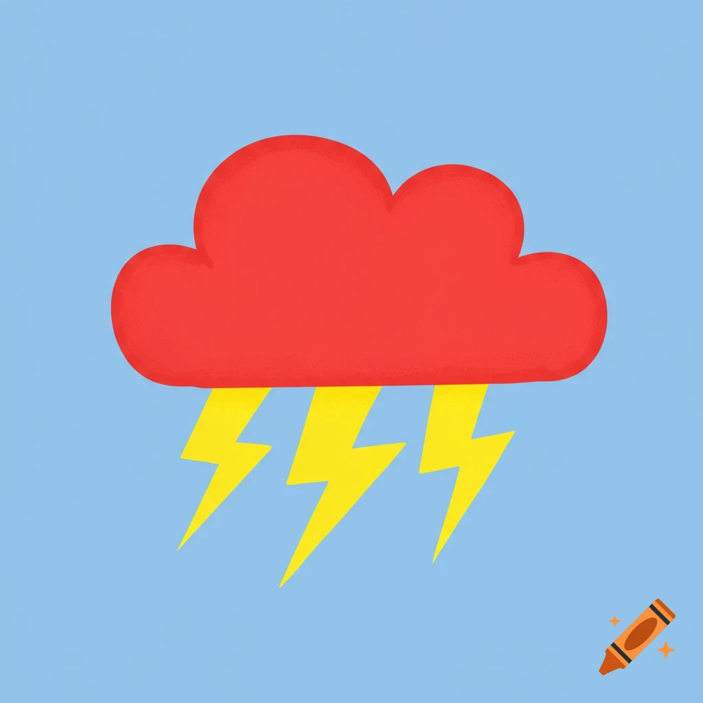 A simple drawing of a red cloud with three yellow lightning bolts on a blue background.
