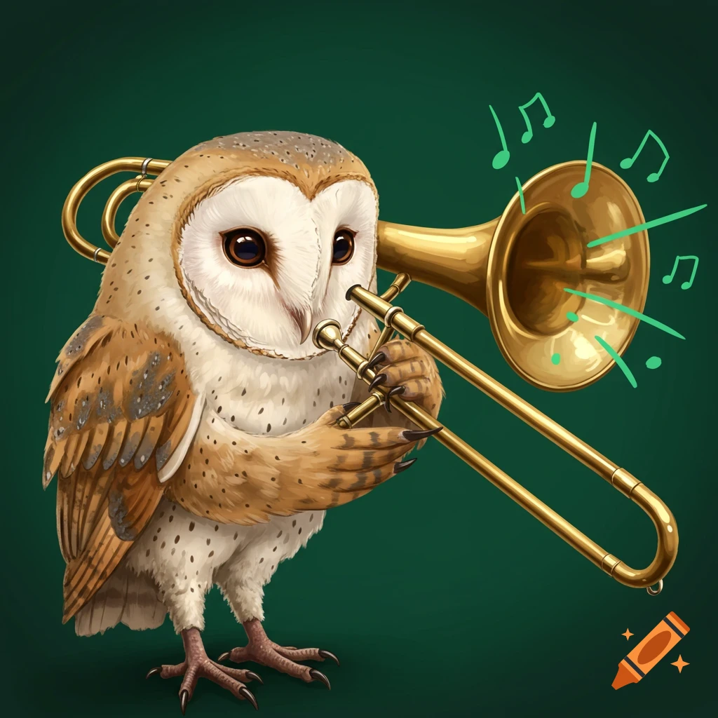 Cartoon illustration of a barn owl playing a trombone with green musical notes.