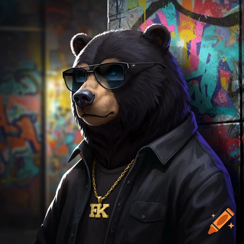 A black bear wearing sunglasses, black jacket, and gold chain with 'FK' pendant leans against a colorful graffiti wall.