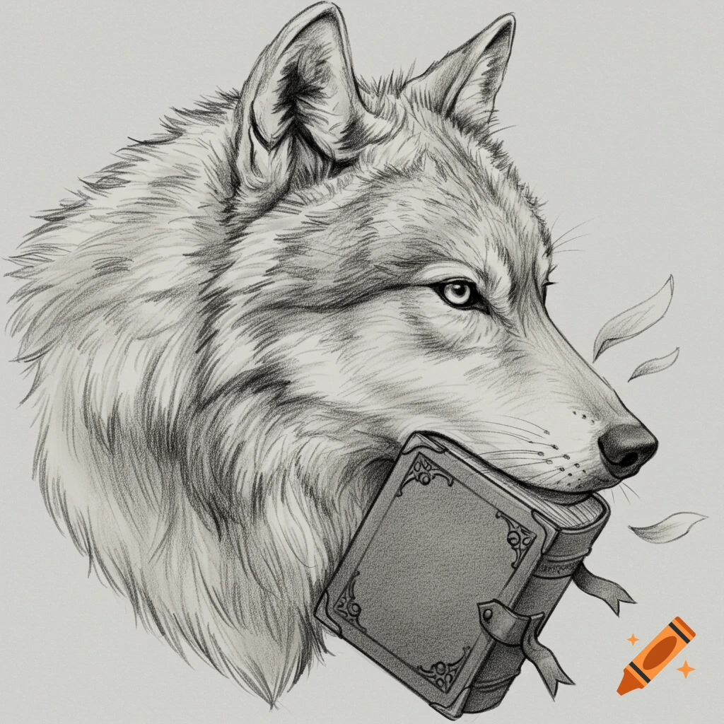 Sketch drawing of a wolf holding a decorated book in its mouth