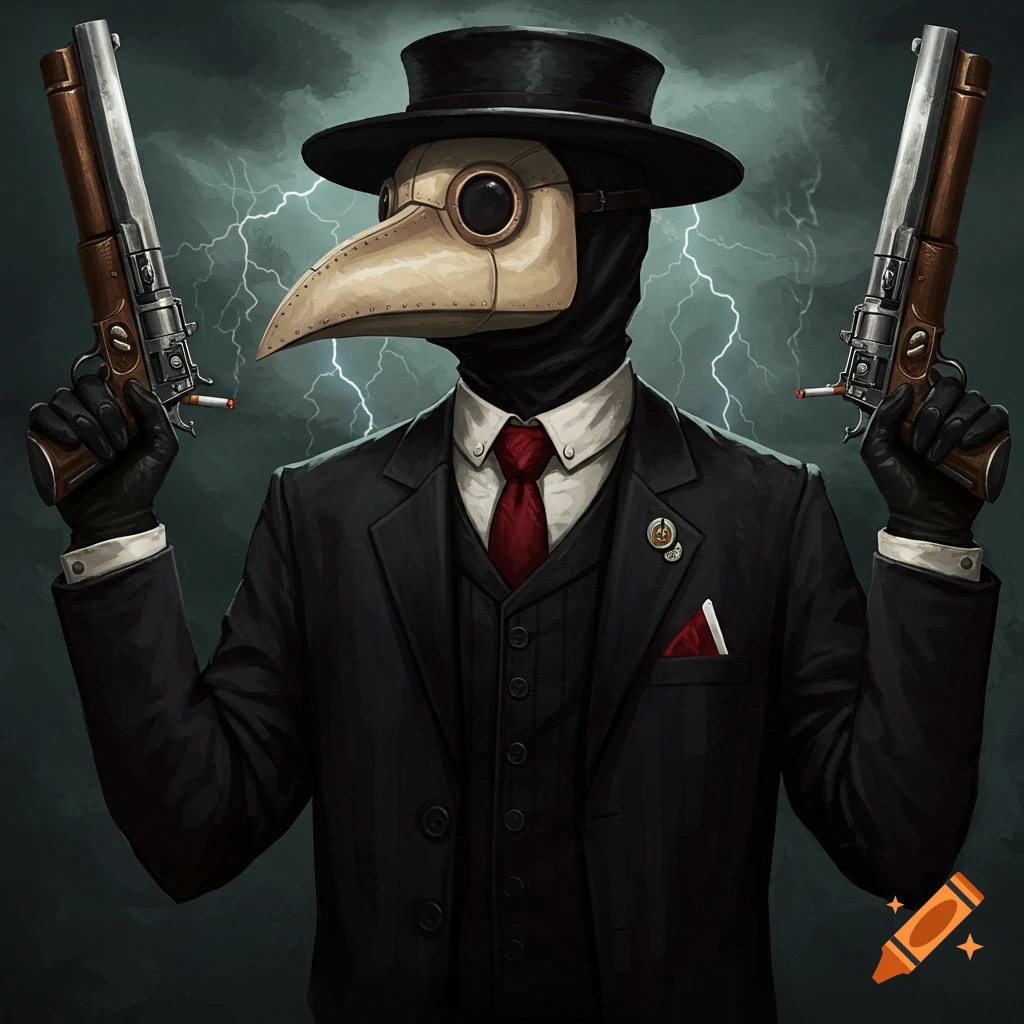 Plague doctor in suit holding two pistols with lightning background