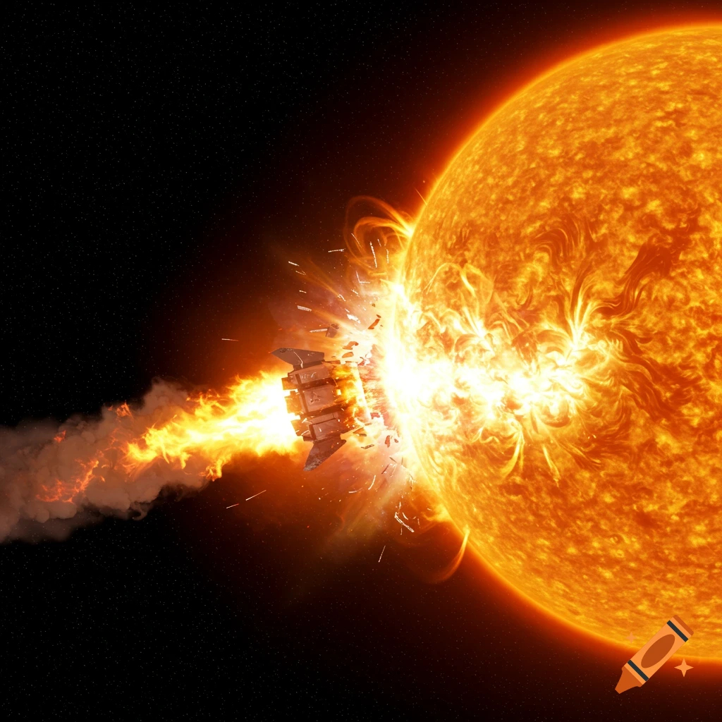 A rocket dramatically crashes into the sun, exploding in fire and debris.