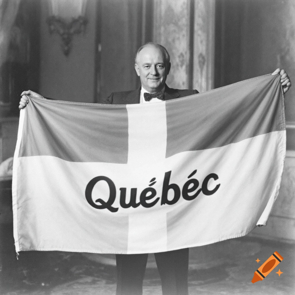 René Lévesque holds up a flag with 'Québec' written on it in a black and white photo.