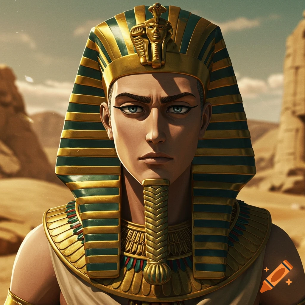 Anime portrait of a young man in ancient Egyptian pharaoh attire standing in a desert with ruins