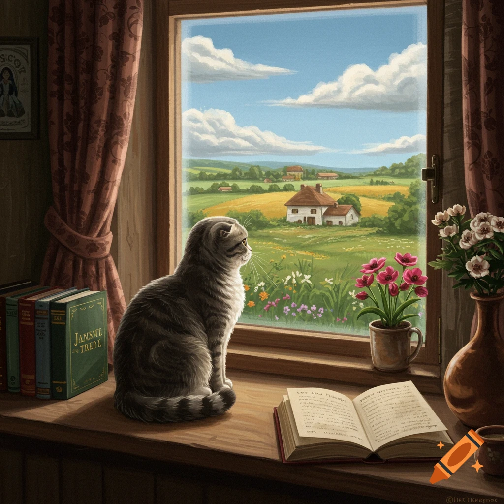 A Scottish Fold cat sits on a windowsill looking out at a sunny countryside landscape, with an open book and plants nearby.