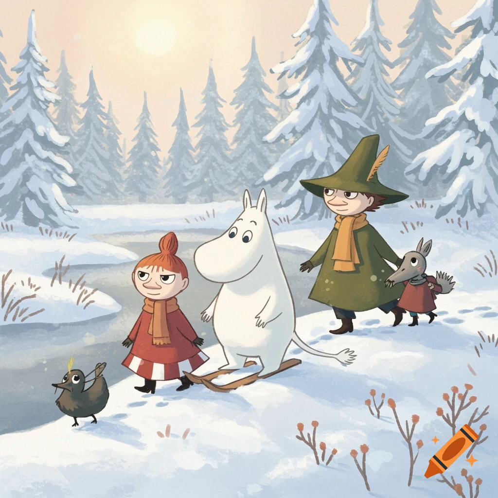Moomin characters Little My, Moomintroll, Snufkin, and Sniff walk through a snowy forest. Illustration.