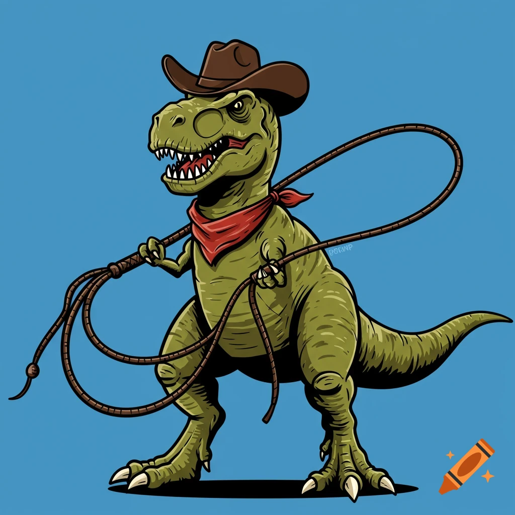 Cartoon T-Rex dinosaur in cowboy hat and bandana holding a whip against a blue background, clip art style.