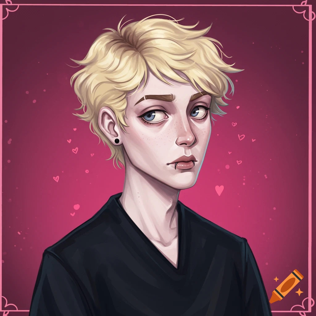 Illustration of a blonde-haired person with freckles and piercings against a pink background with hearts.