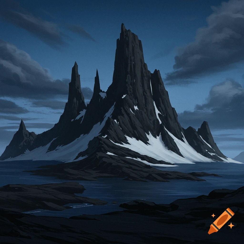 Dark, jagged mountains with snow rise from water under a cloudy sky.