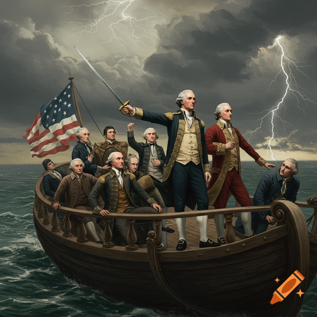 Painting of George Washington and others in a boat on stormy seas with lightning and an American flag.