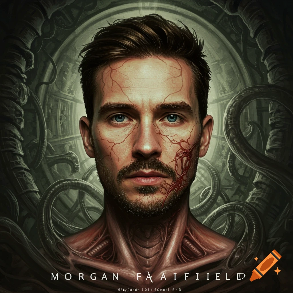 A portrait of a man in the style of H.R. Giger, showing exposed veins and biomechanical elements fused with his body against a dark, organic background.