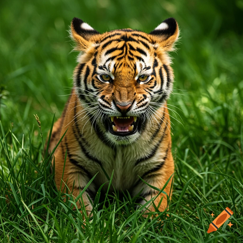 A tiger cub snarls in tall green grass, looking directly at the viewer.