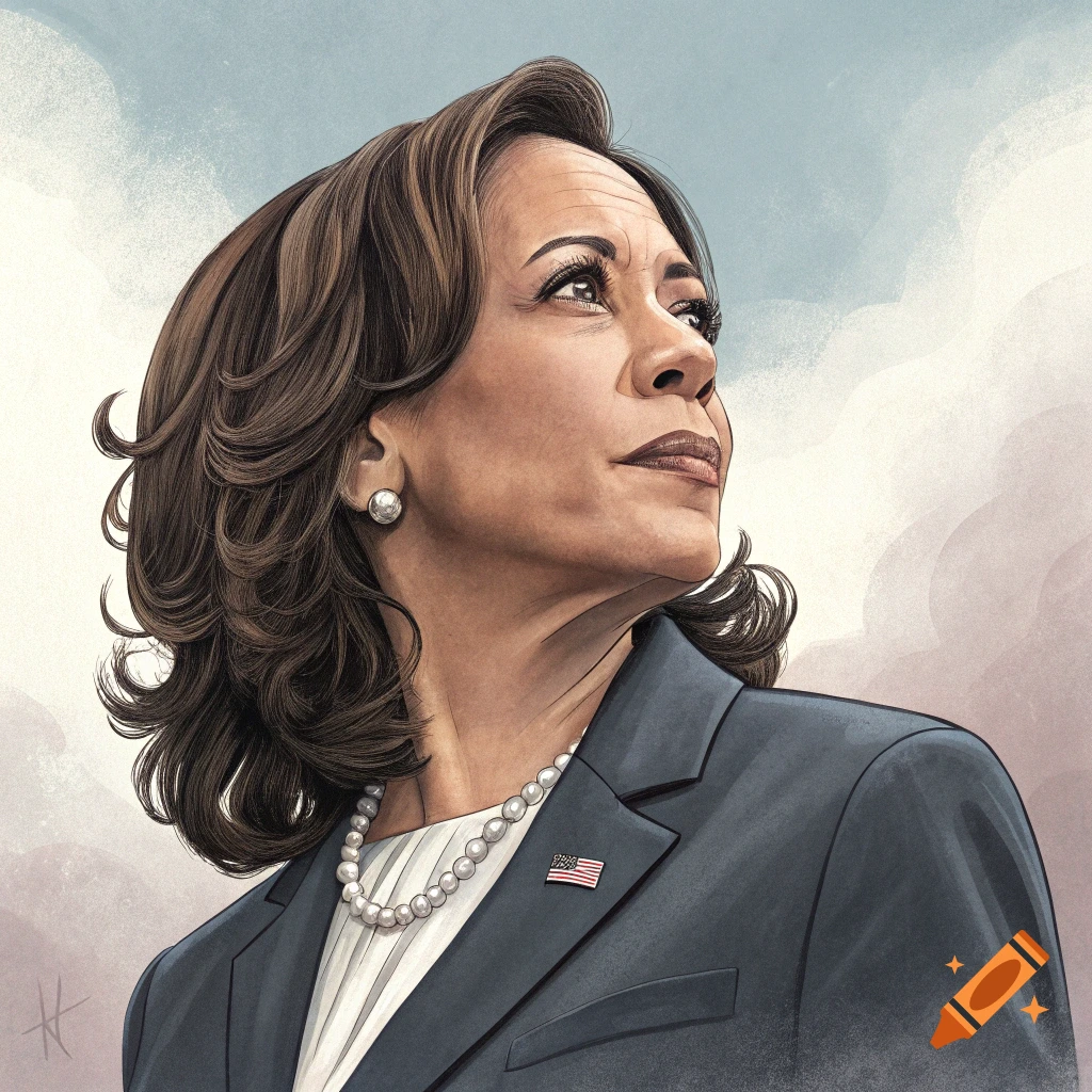 Illustration of Kamala Harris looking up