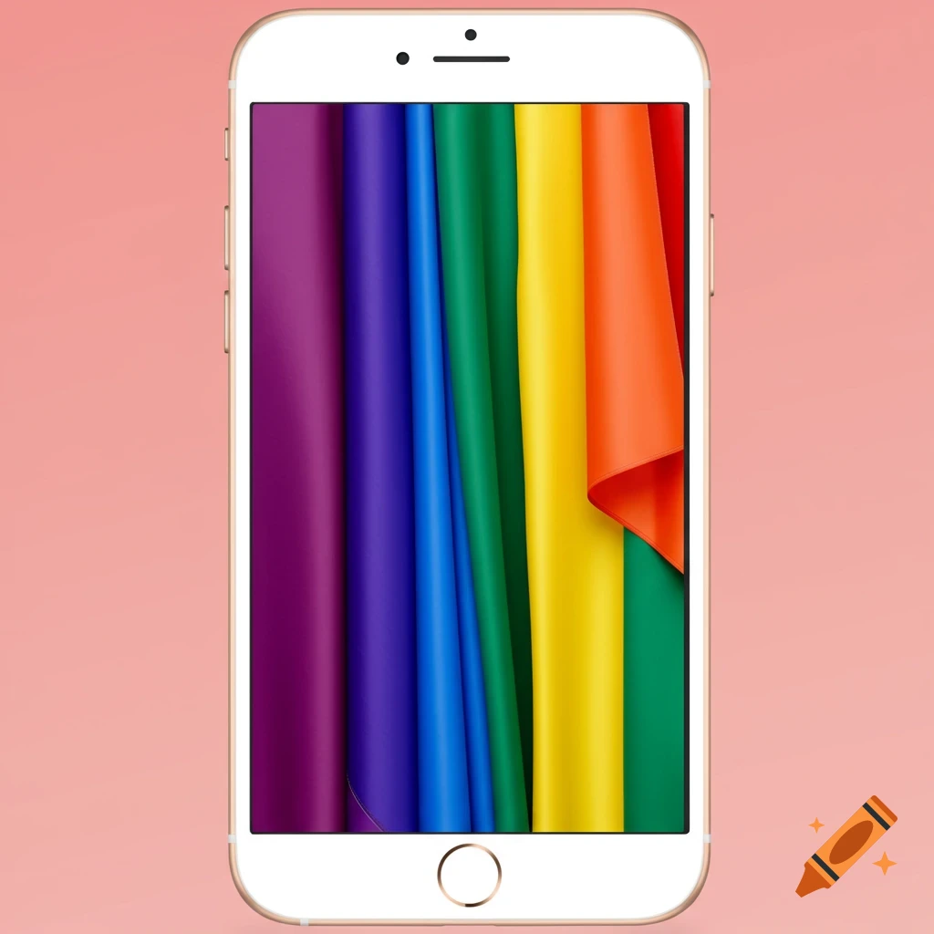 A smartphone displaying a vertical LGBTQ+ rainbow flag wallpaper