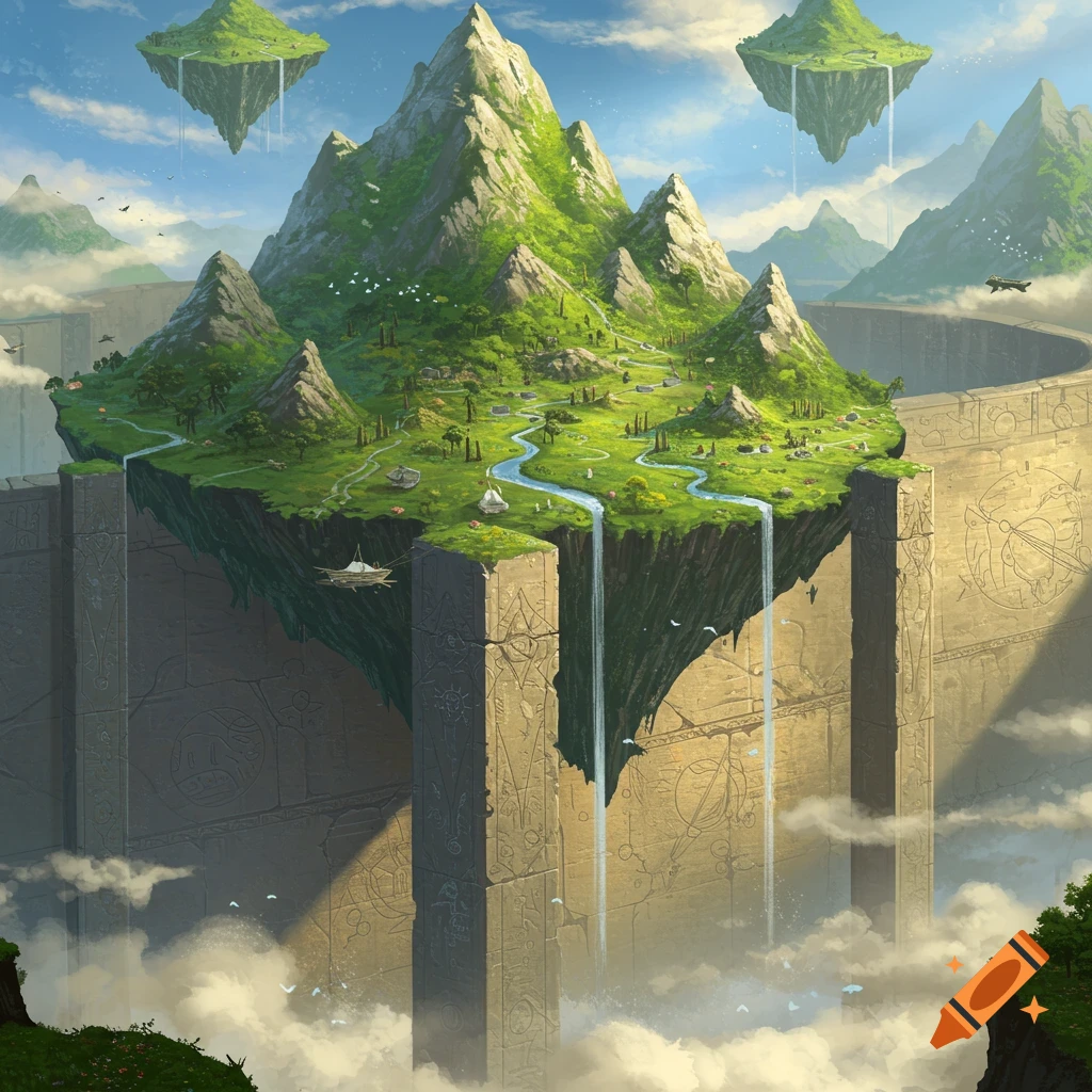 Fantasy illustration of a floating mountain island with waterfalls supported by giant carved stone pillars, high in the clouds.