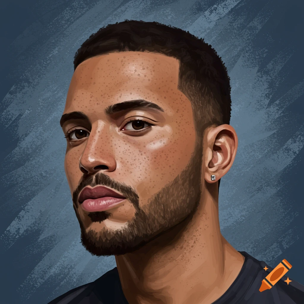 Digital art portrait of a man with freckles, beard, and buzzcut
