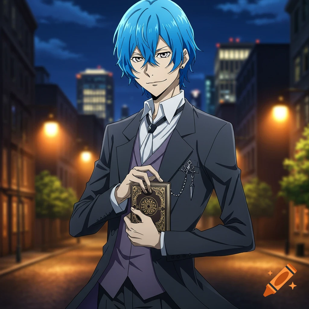 An anime-style character with blue hair in a suit stands on a street at night, holding a book.