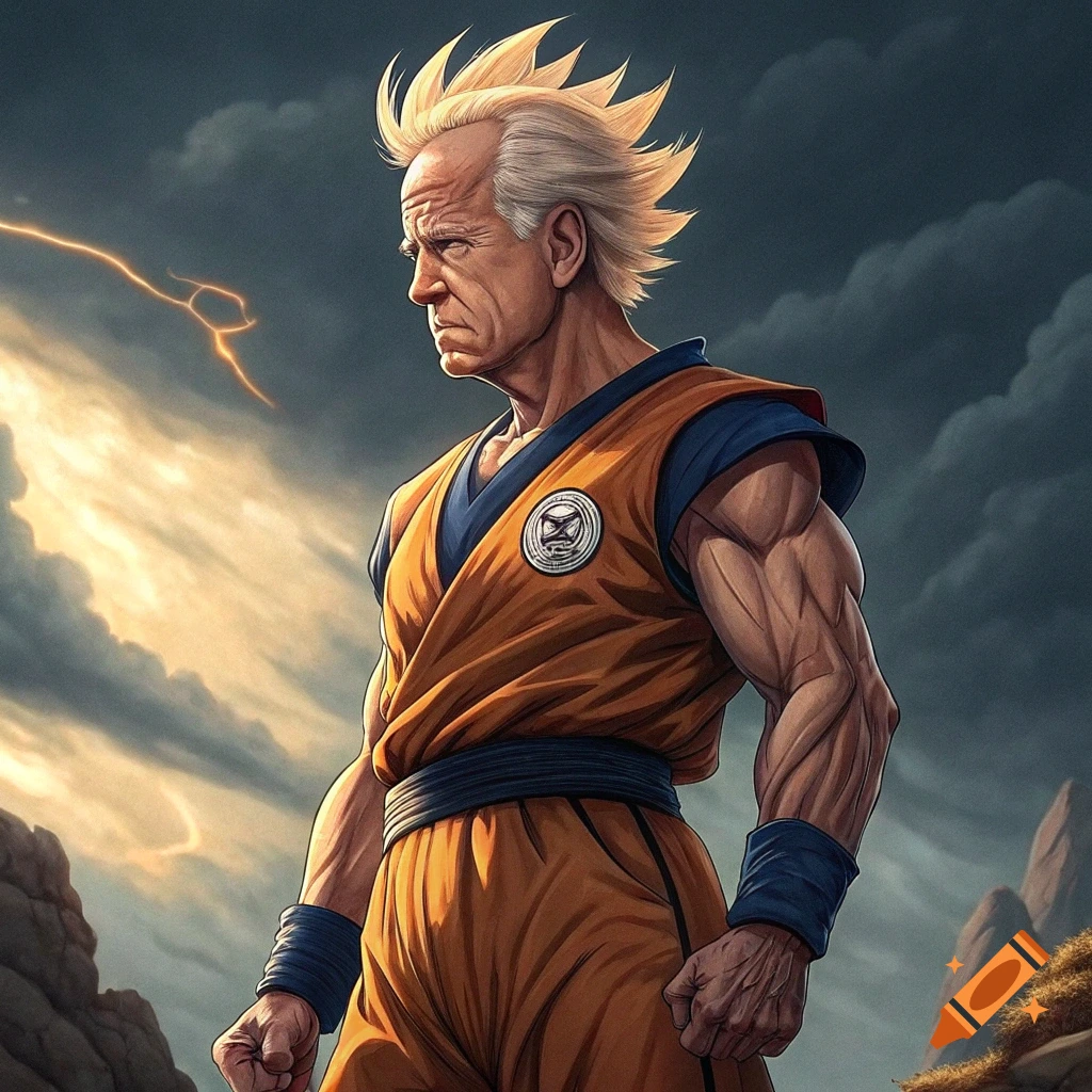 Cartoon illustration of an older man resembling Joe Biden wearing an orange gi with spiky blonde hair, in the style of Dragon Ball Z.