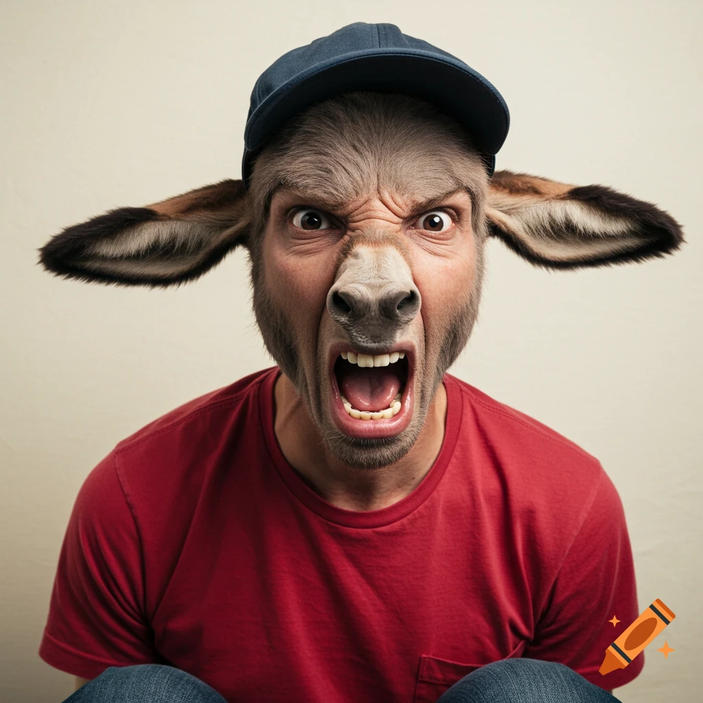 Photorealistic portrait of a man with donkey features wearing a cap and yelling.