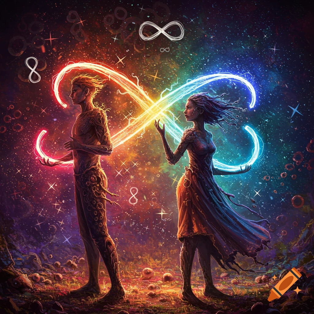 Two figures connecting light trails that form an infinity symbol in a vibrant cosmic landscape with stars and glowing objects.