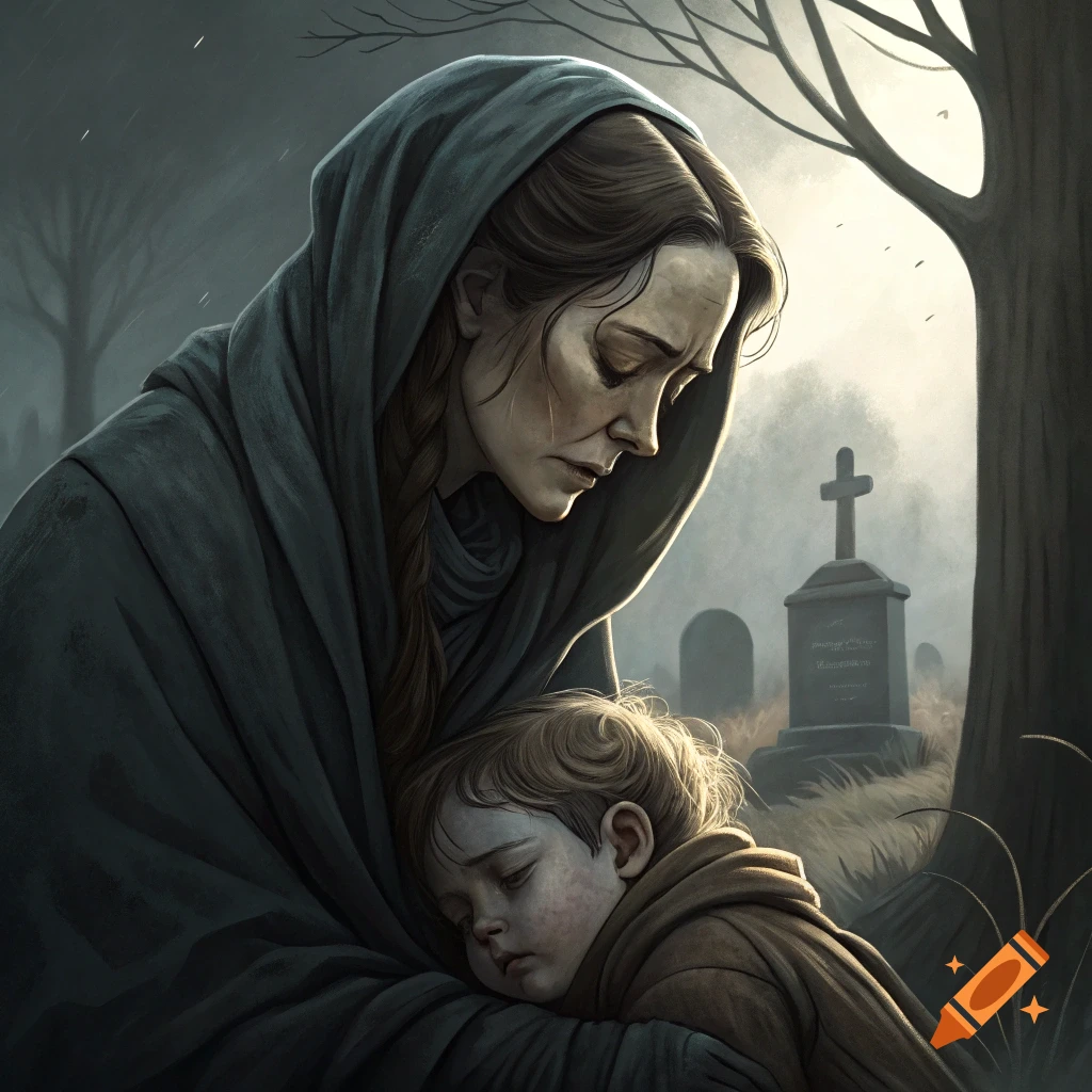 A somber illustration of a woman in a cloak holding a child in a cemetery.