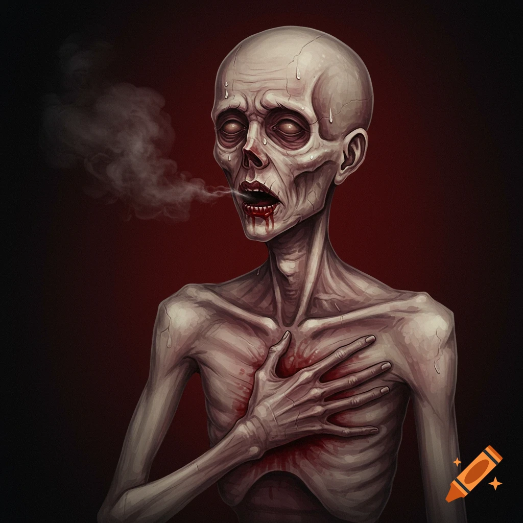 A gaunt, pale figure with exposed ribs and blood, sweating and exhaling smoke, clutching its chest in a dark illustration.