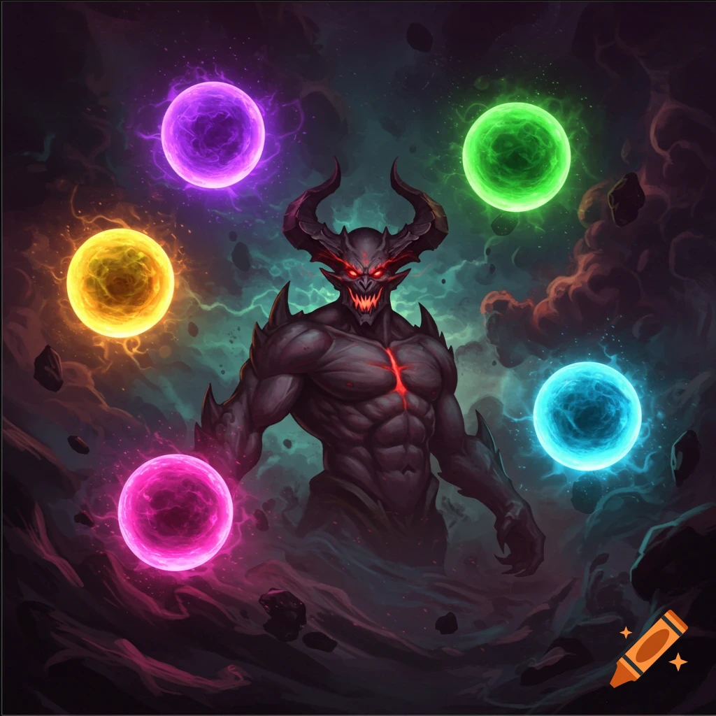 A fantasy digital art illustration of a horned demon surrounded by glowing multicolored energy orbs in a dark, stormy void.