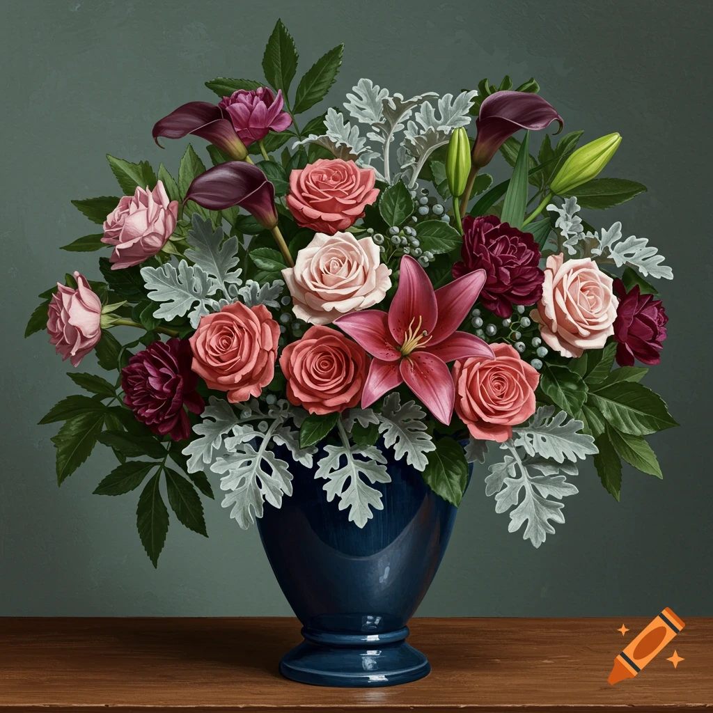 Large floral arrangement with roses, lilies, dusty miller, and dark calla lilies in a blue vase on a wooden table.