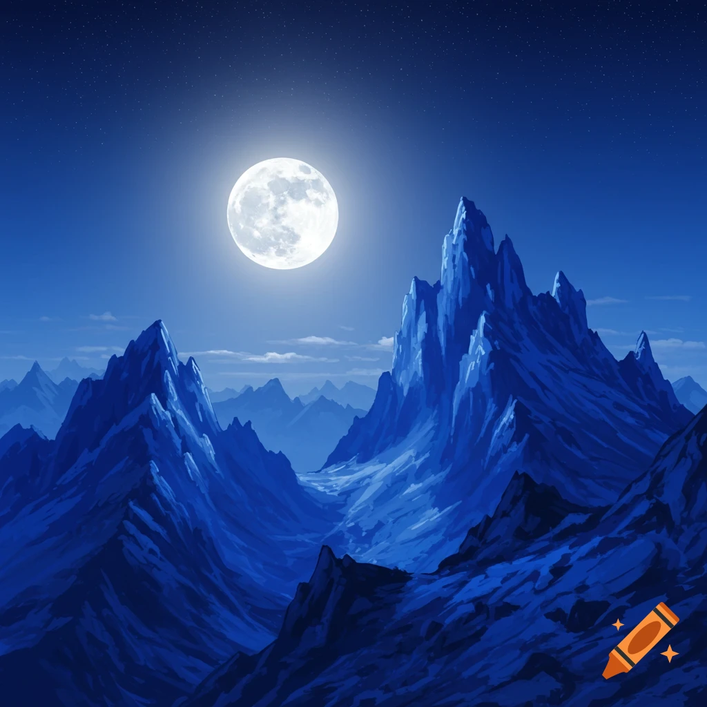 Moonlight over blue mountains.